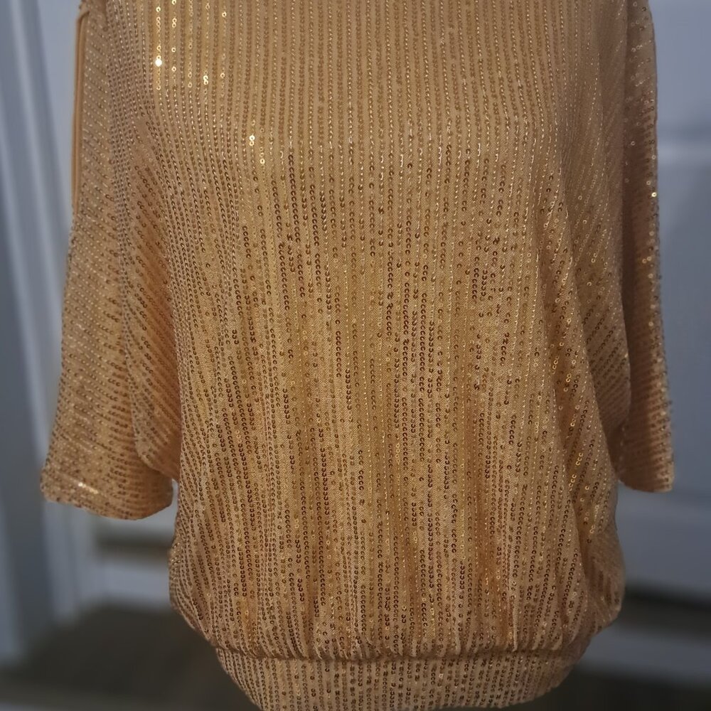 Pretty Guide Women's Sparkle Sequin Top Cutout 3/4 Batwing Sleeve Gold Medium